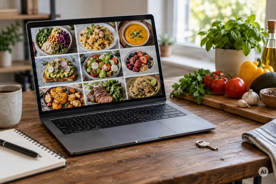 Professional photograph of a developer’s desk with a laptop displaying an abstract grid of food photographs - AI-generated image
