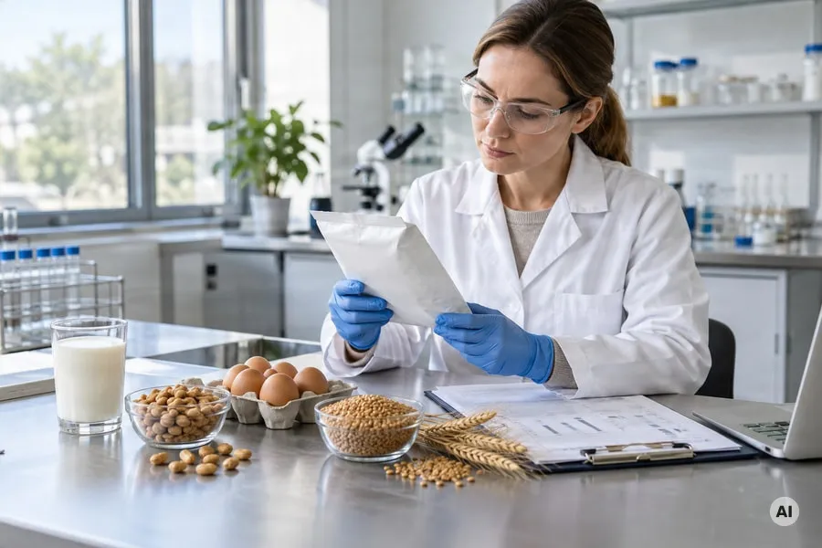 Professional photograph of a food scientist checking packaged food ingredients against fresh ingredients and printed - AI-generated image